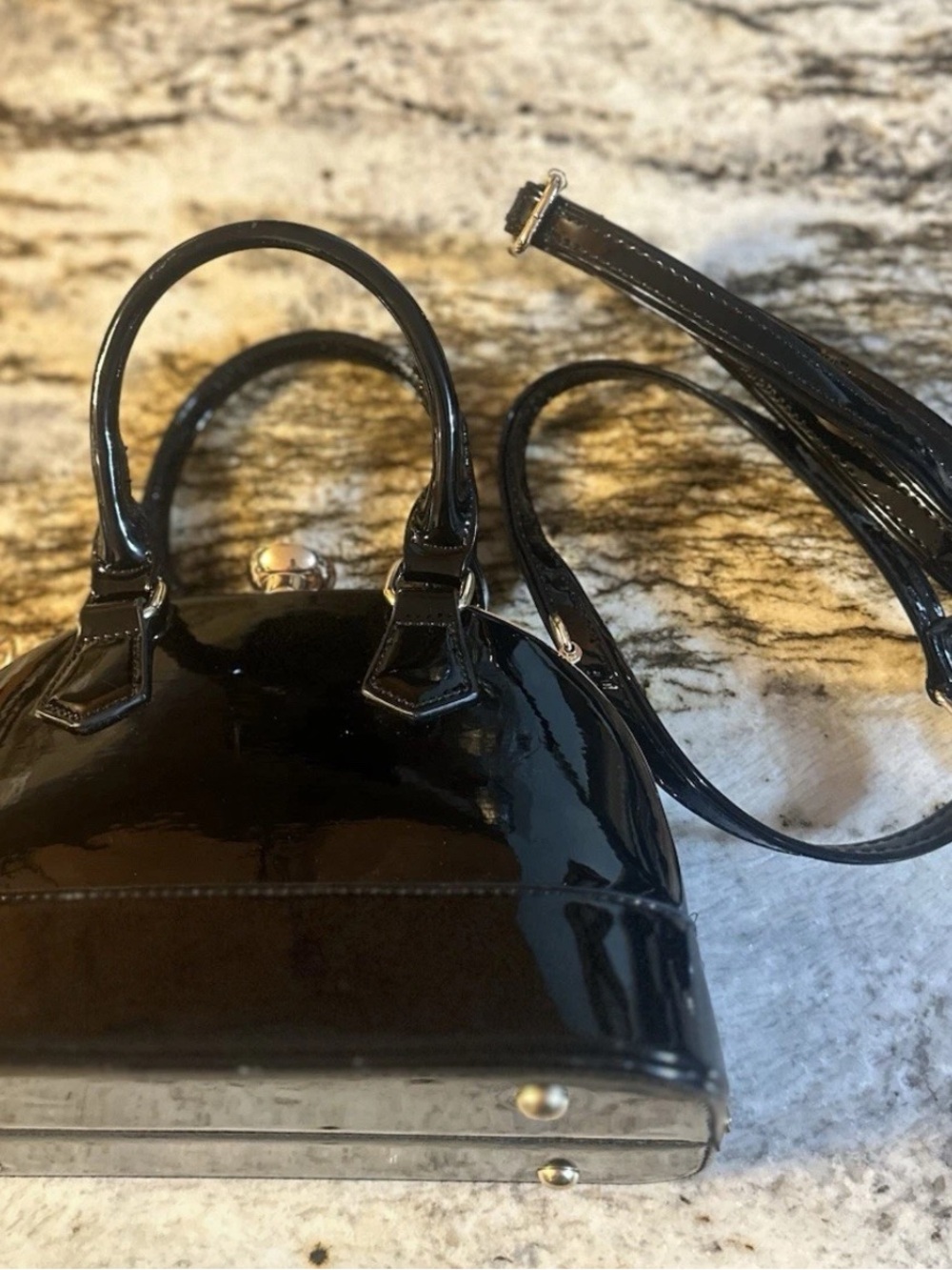 Black Patent Bowling Bag Gold Hardware Crossbody Strap AS-IS Peeling